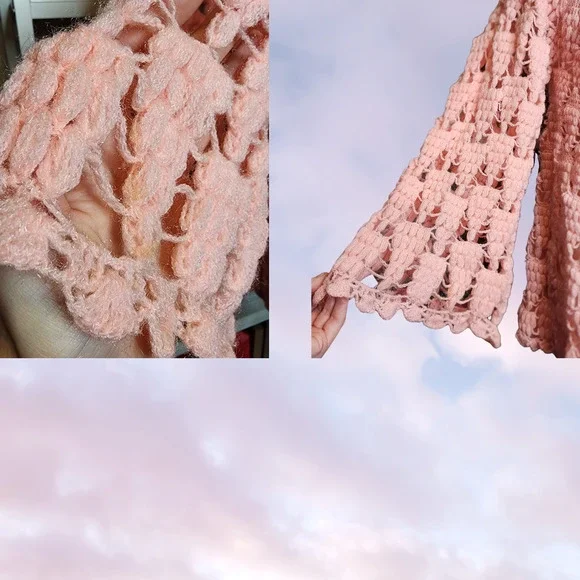 Vtg Handmade Pink Open Knit Coquette Cottage Prairie Bell Sleeve Knit Sweater - Picture 6 of 7